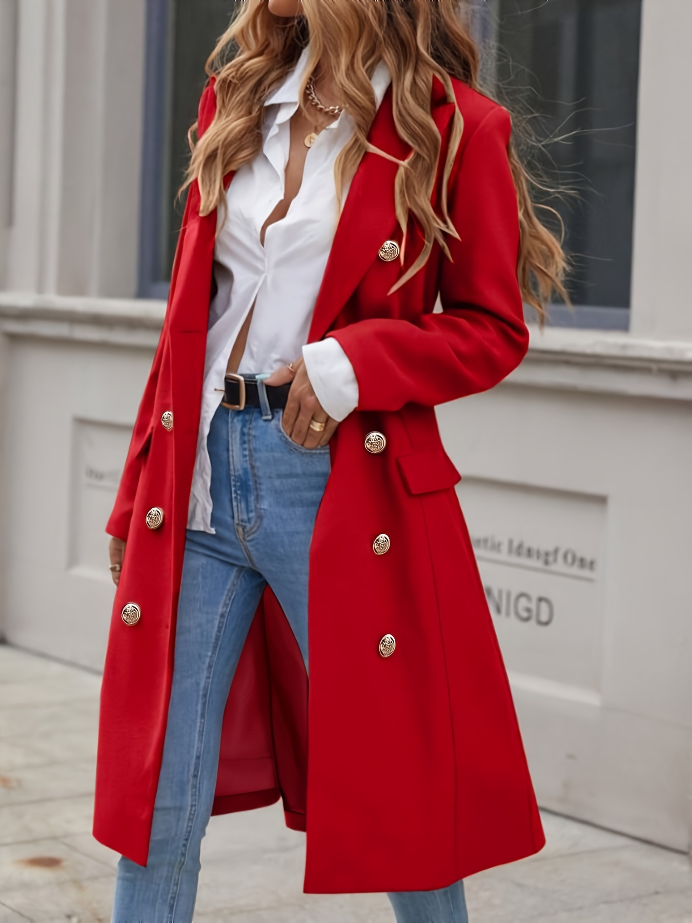 double-breasted notched collar coat, elegant solid long