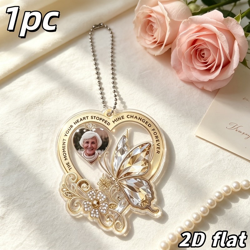 TEMU 2d Flat, 2d Flat 1pc Gilded Heart Memorial Acrylic Car Hanging Ornament, Customizable With ' Commemorative Photos And Vintage Engraving, A Car