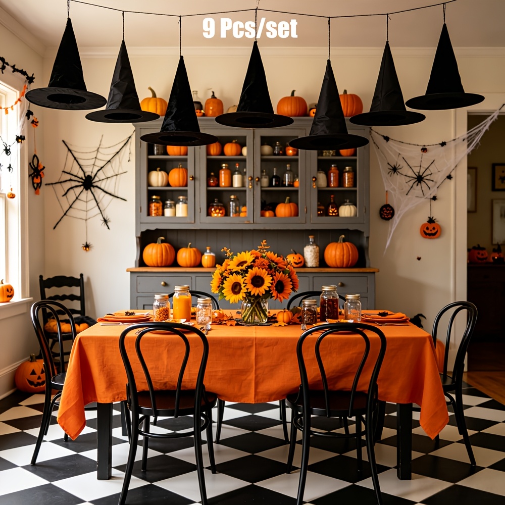 Image of 9pcs Hanging Witch Hats Halloween Decorations, Halloween Witch Hat With 115ft Nylon Cord, Indoor Outdoor Halloween Accessories For Home Yard Porch Ceiling Party Decor Supplies