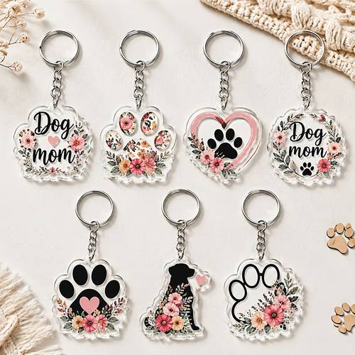 item picture 2d flat 2d flat 2d flat 7pcs cute floral dog paw print dog silhouette heart keychain gift for women on mothers day 2d flat