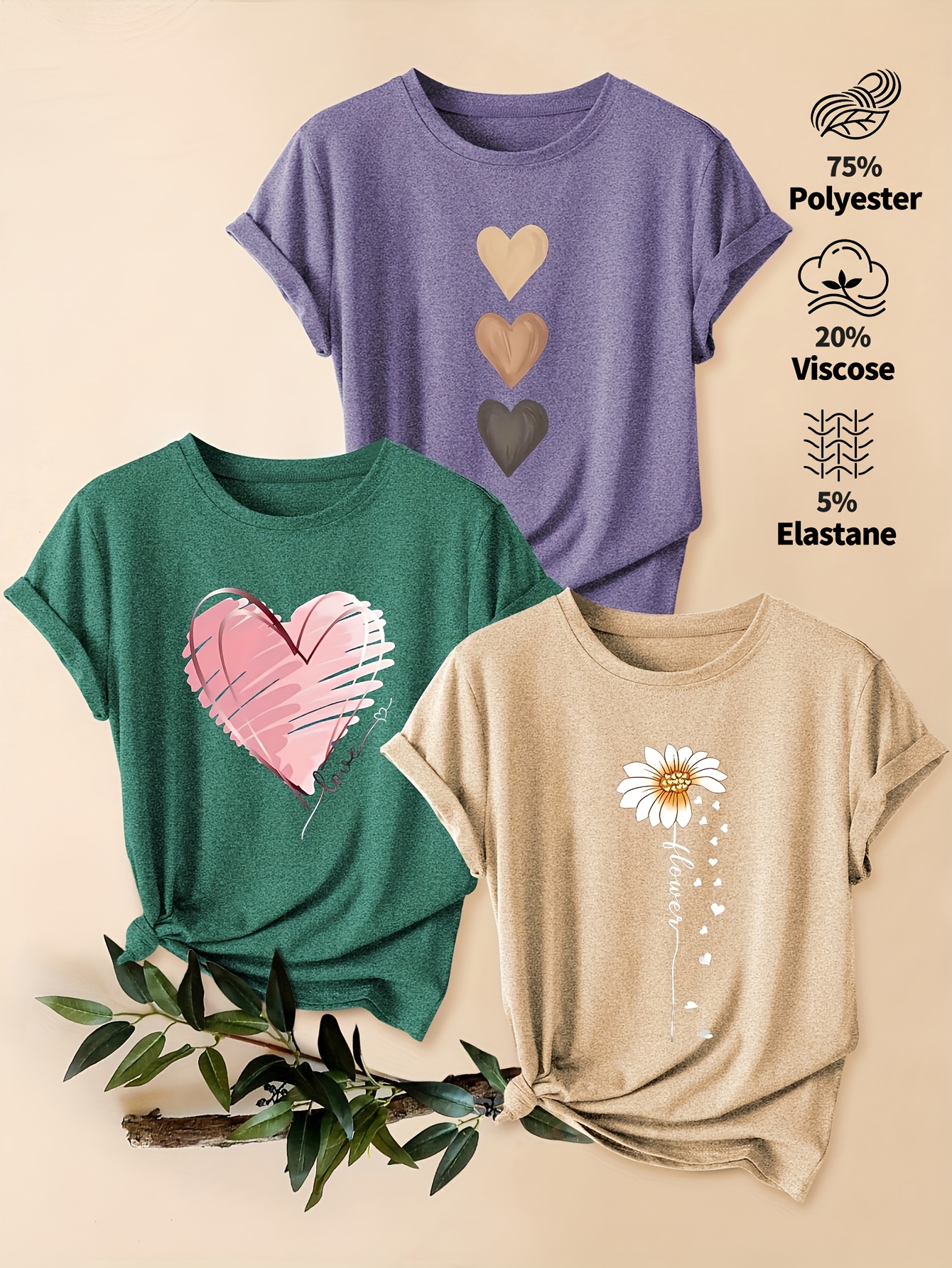 3 Stück Damen Vintage-inspirierte Grafik-Shirts – Blumen- & Herz-Print Casual Kurzarm-T-Shirts, Weiche Stretch Rundhals-Oberteile für Frühling Sommer Herbst, Türkis & Lavendel, Saisonale Mode, Künstlerisches Design, Leichtes Shirt, Bedrucktes Top, Stil-Enthusiasten, Alltagsoutfit,Wochenend-Stil