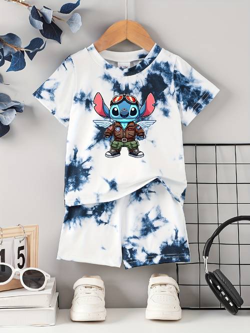 2pcs set for baby girls featuring a tie dye design with a cute style this outfit a short sleeve top with prints and elastic waist shorts designed for a regular fit for outdoor knit