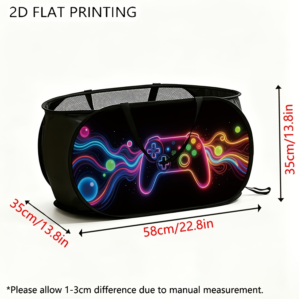 TEMU 1pc Mesh Pop-up Laundry Basket, Neon Game Controller Pattern, Large Capacity, Foldable Polyester Material, Ideal For Daily Use At Home Or In