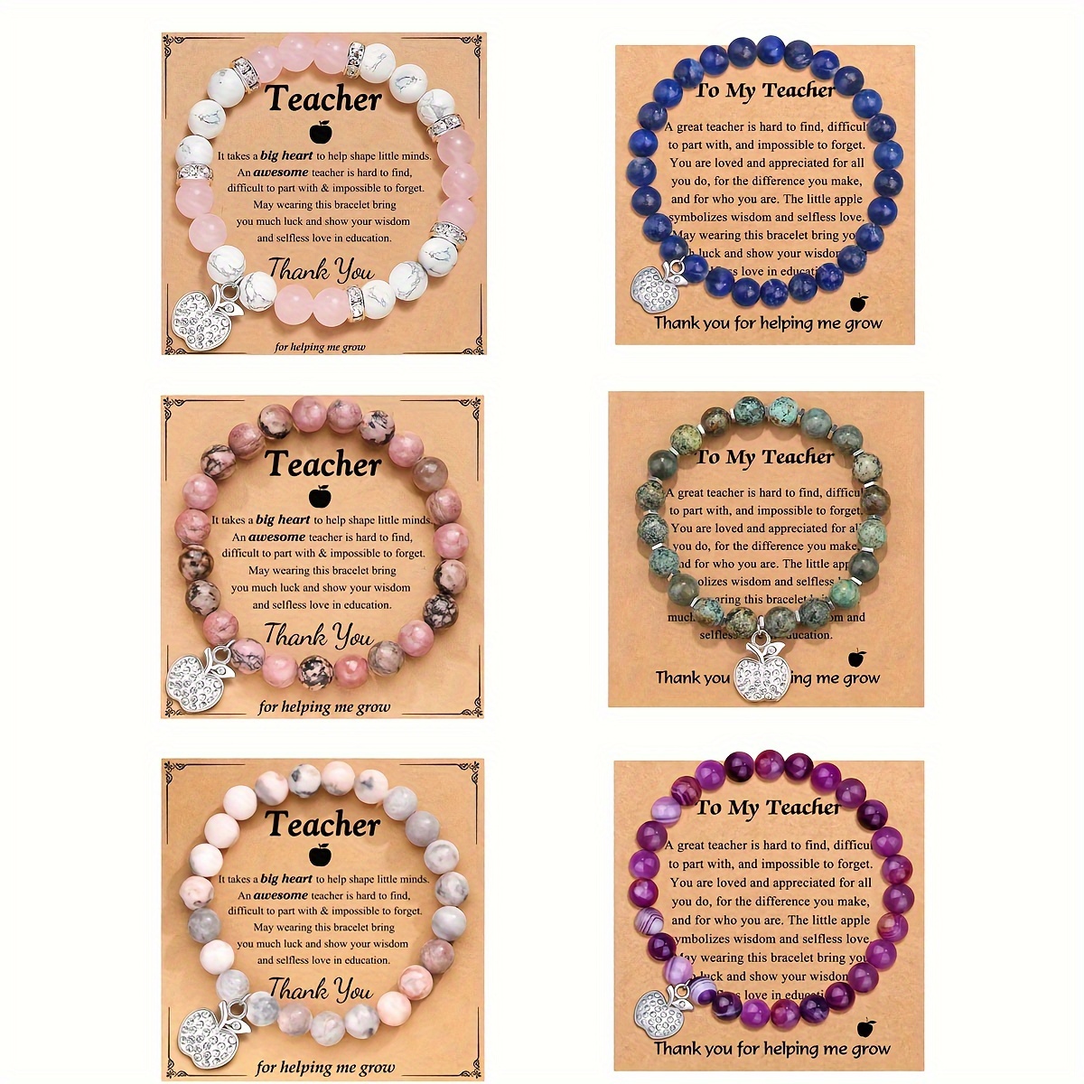 

6pcs Teacher Appreciation Gifts Heartfelt Gratitude Bracelet Natural Stone Teacher Bracelet Gifts For Women, Thank You Gifts For Teacher Meaningful Gifts For Women With Gift Message Card