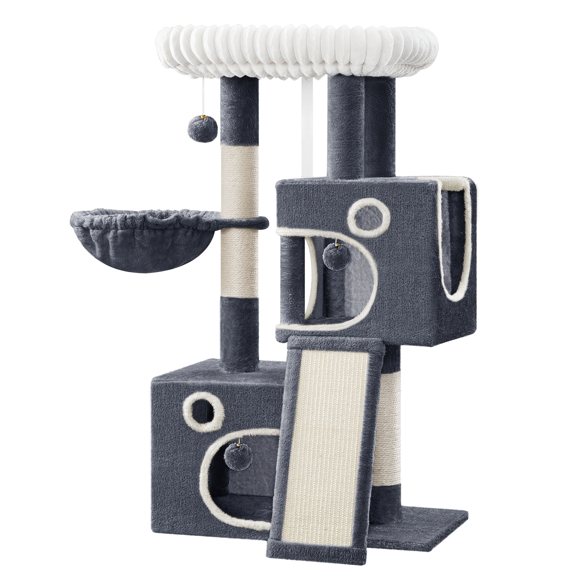 Multi-cat Suitable For Small Spaces Cat Tree With Plush Platforms, Sisal Scratching Posts & -tip Base - Multi-level Climbing Ramp, Cave & Pompoms - Sturdy Play Tree For Kittens And Cats (dark Gray)