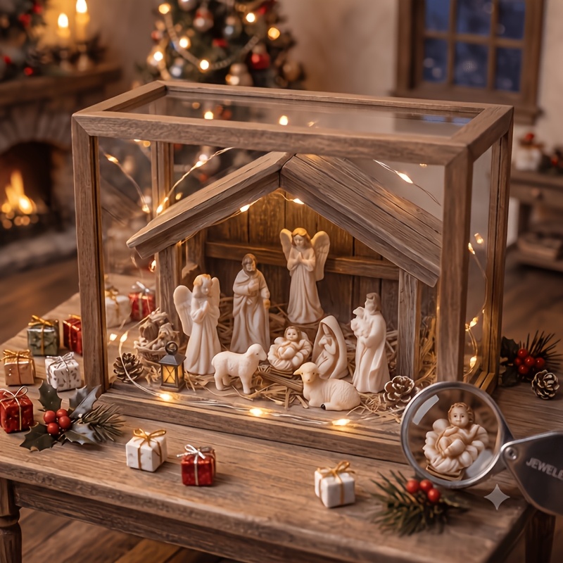 TEMU Collectible Statues 14pcs Miniature Nativity Scene Diy Accessory Set, Holiday Souvenir, Resin Manger And Figurines, Religious Themed Christmas