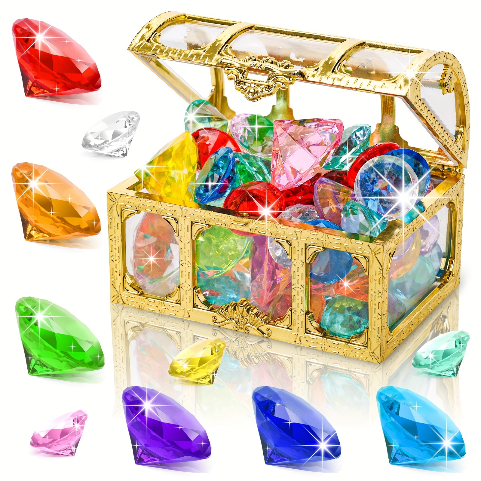 

50pcs Diving Gem Pool Toy, Gem With Treasure Pirate Chest Box Underwater Acrylic Gemstones Set Swimming Toys Dive Throw Underwater For Game Gift Boys And Girls