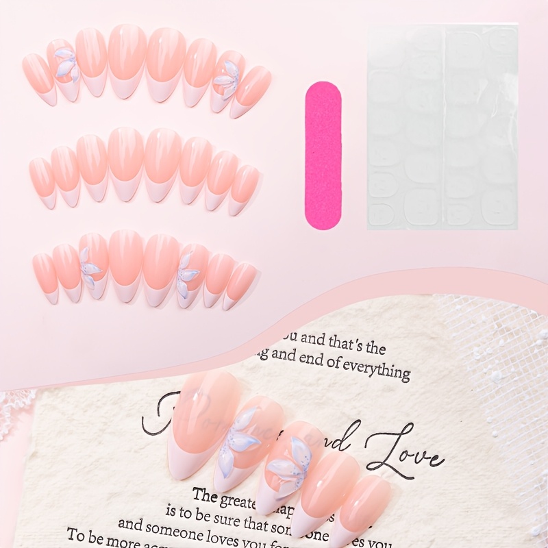 24pcs Style Blue White -on Nails, Almond Shape Ice-clear Nude Nails, Women' Wedding Nails