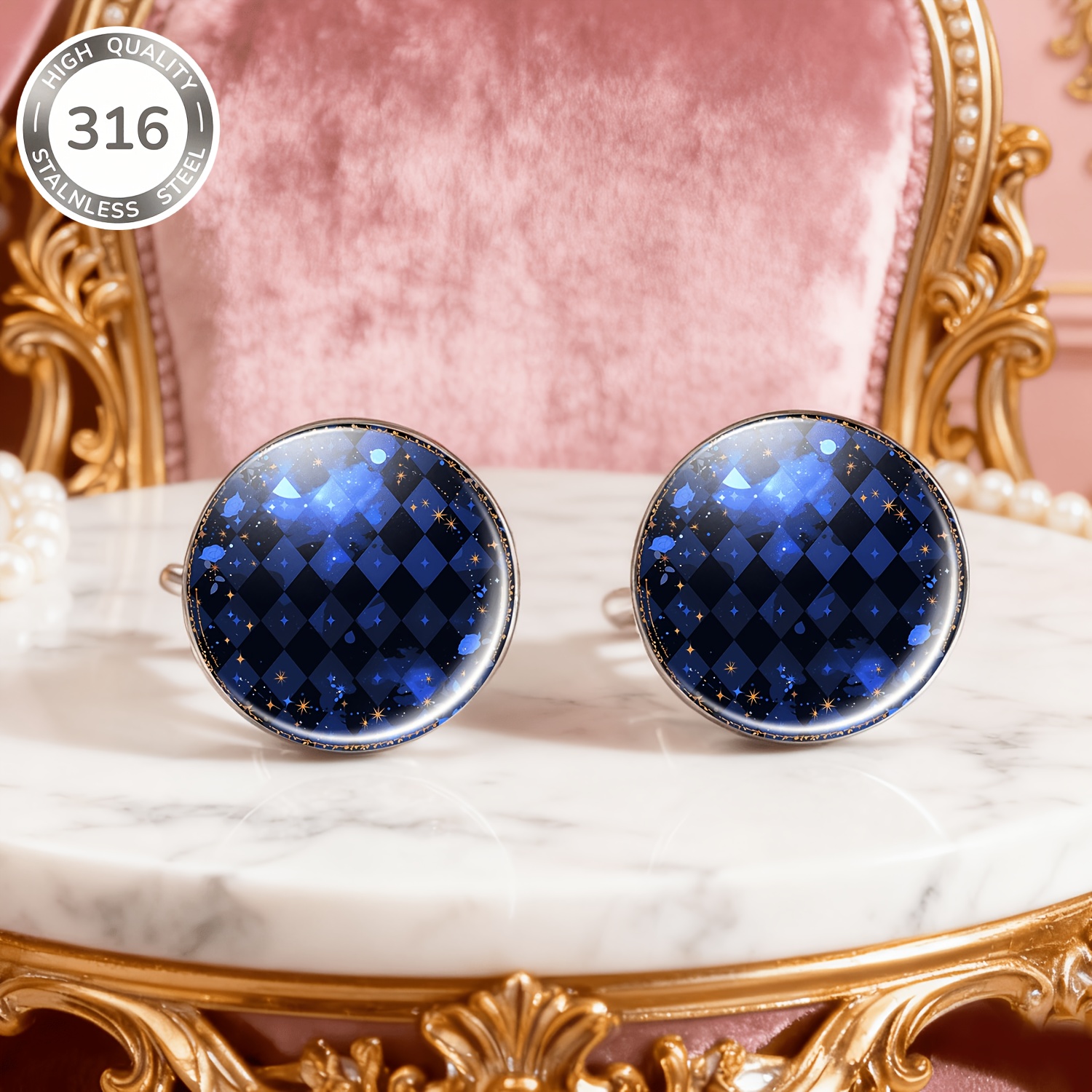 2pcs No-Drill Round Glass-faced Women's Earrings Set, Astronomical Design
