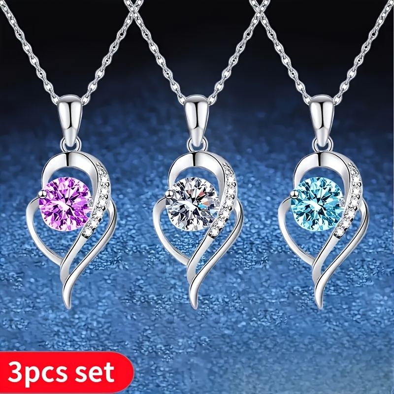 TEMU 3pcs Set Of 1 Carat 925 Silver Moissanite Necklace, Suitable For Casual Attire , Parties, And Banquets. Women's Birthday And Anniversary Gifts