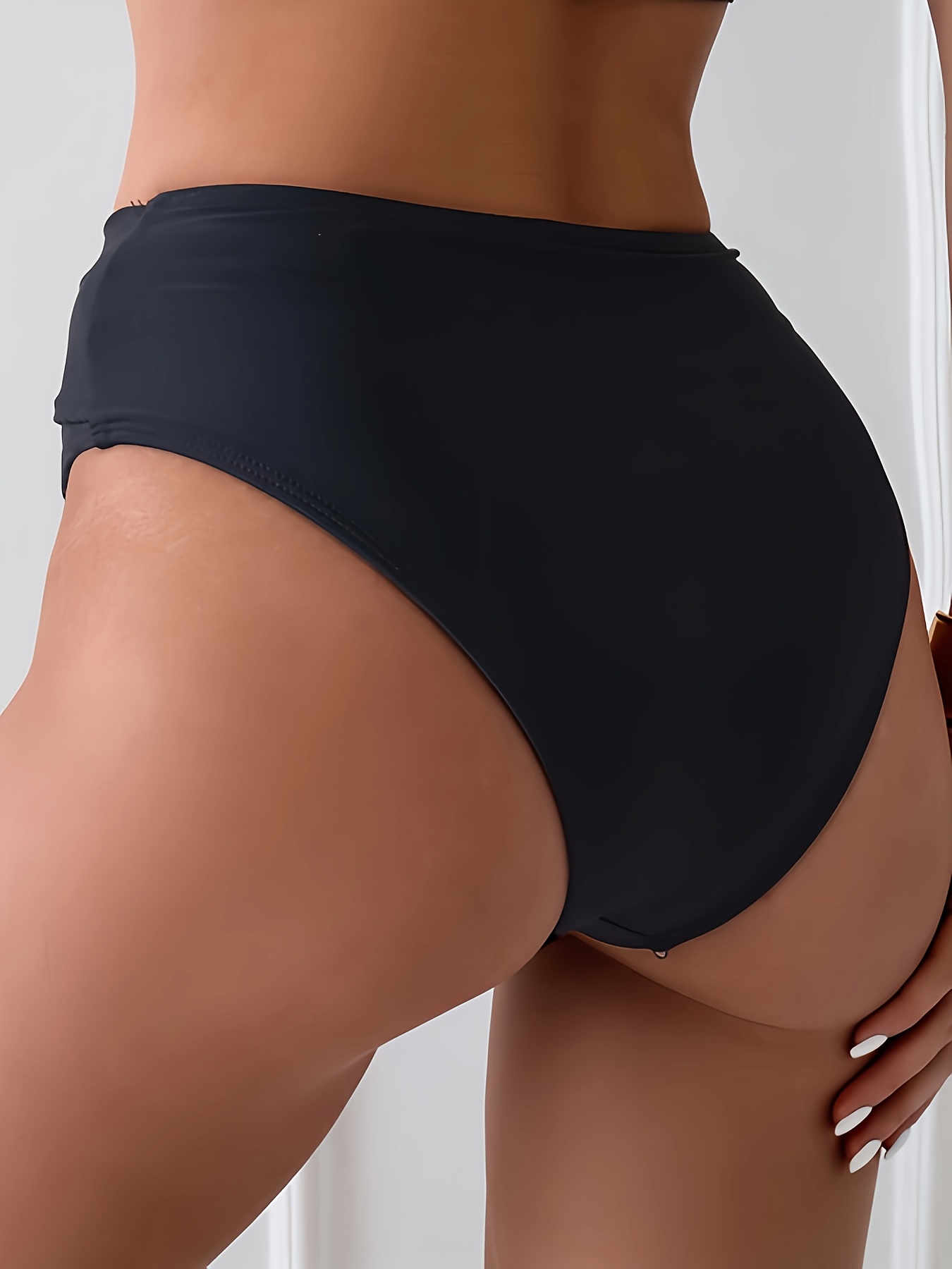 1pc Women'S High-Waisted Bikini Bottoms with Metallic Accents, Solid Color, Knit Fabric, 80% Polyamide 20% Elastane, Stretchy Swimwear