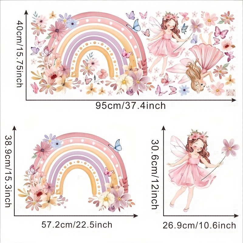 A Whimsical And Pink Fairy Rainbow Wall Sticker, Featuring Wall Decorations, Perfect For Large Bedroom Decor