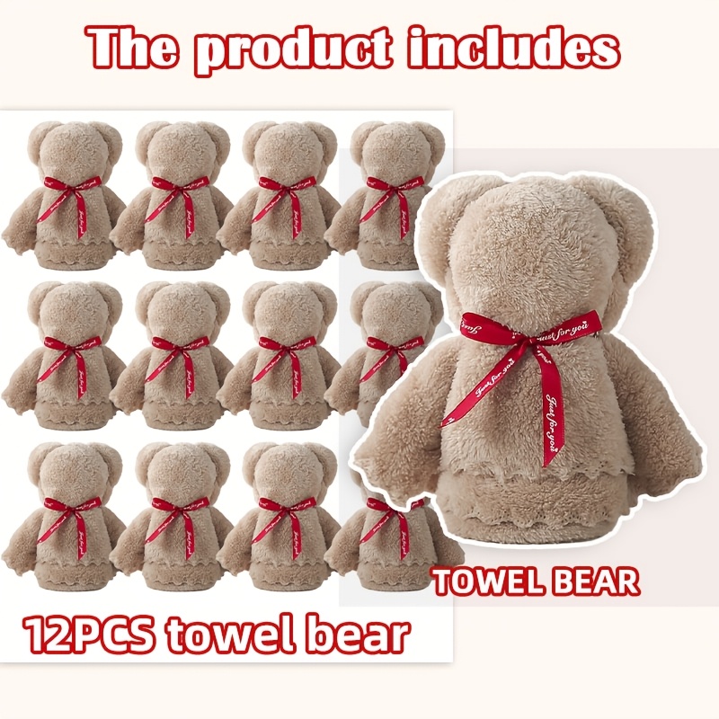 TEMU 12pcs Coral Fleece Bear Towels - Perfect For Weddings, Face Towels, Birthdays, And Parties | Soft Absorbent Gift Idea, Thick Square Practical