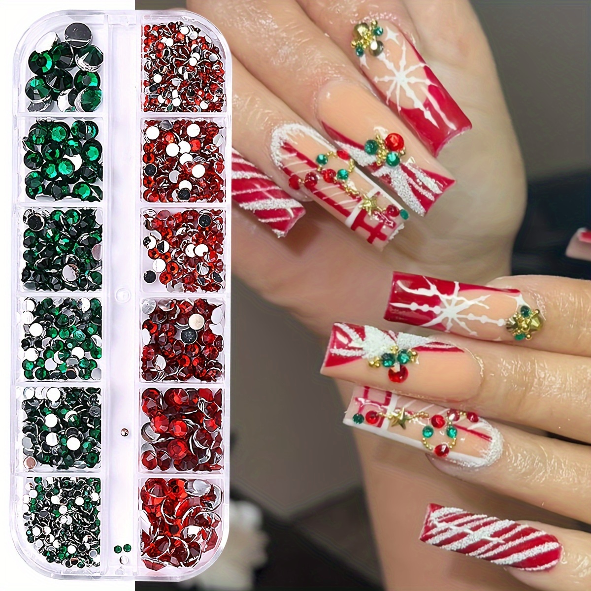 

Christmas Nail Art Rhinestones - 12 Grids, Mixed Sizes, Green & Red Flat-back Beads For Manicure Decorations, , Hands, Feet & Nails, Best For Christmas