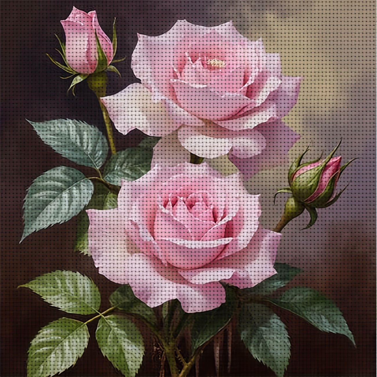 TEMU 1pc Pink Rose With Buds Cross Stitch Kit | Frameless, Ideal For Beginners, Includes Printed Canvas, Needles, Pattern, And Instructions, Home And