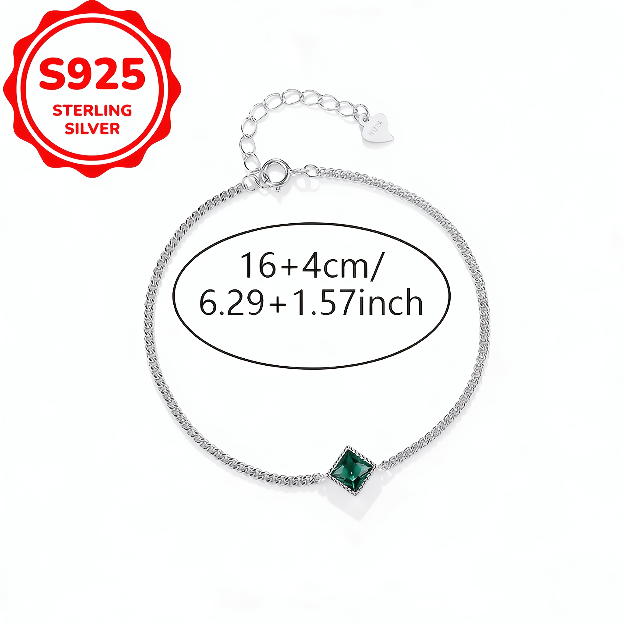 925 Silver Hollow Green Square Chain Bracelet, Creative Design