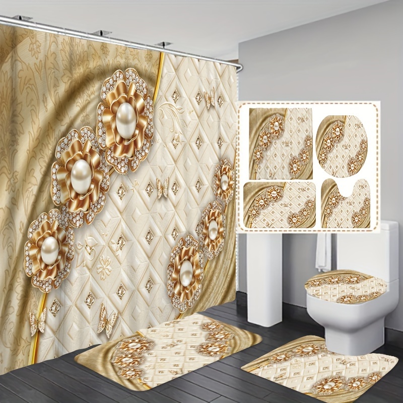 

1 Set Pearl Diamond Flower Curtain Pattern Bathroom Shower Curtain Set Toilet Piece Set