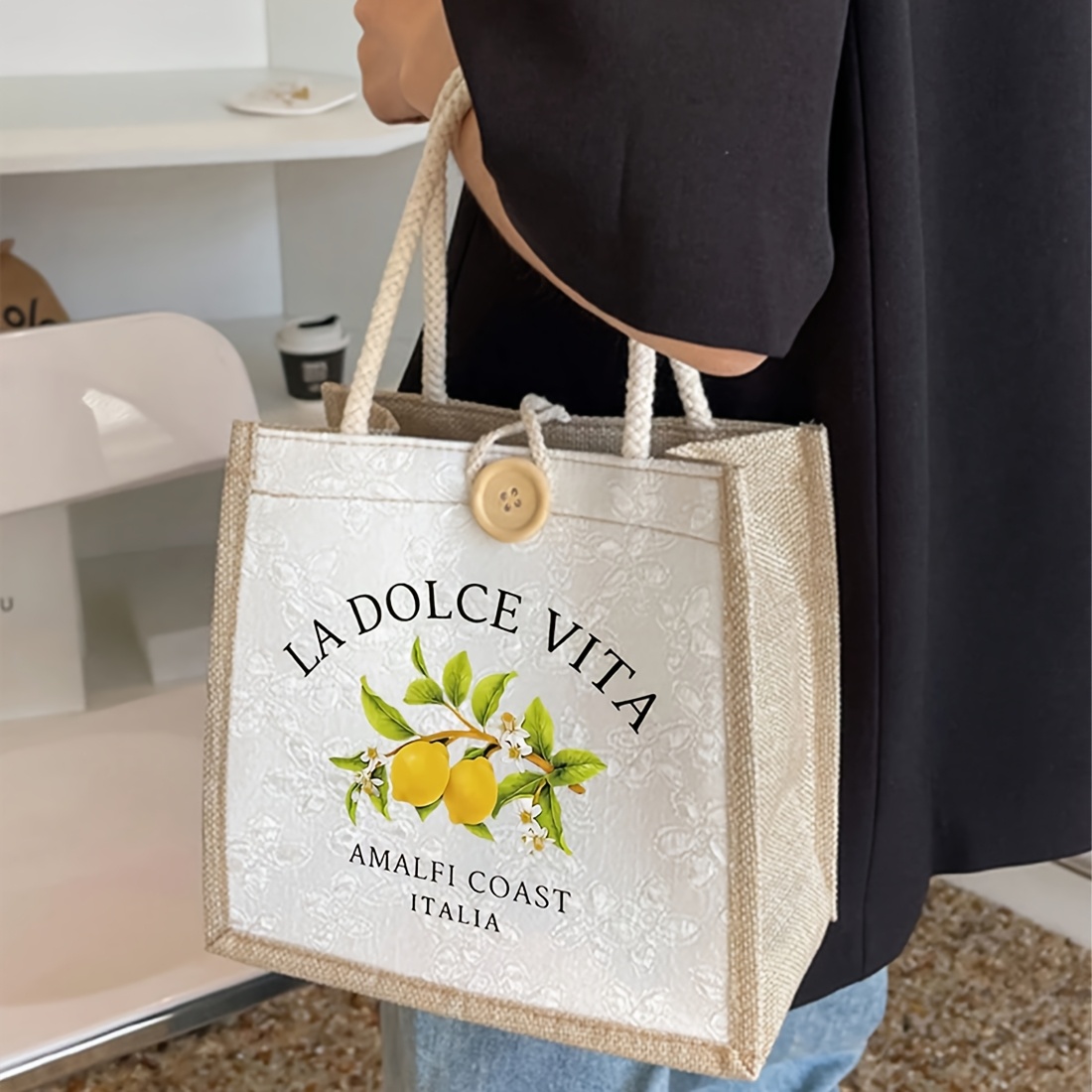 1pc vibrant lemon print tote bag reusable nylon shopping bag