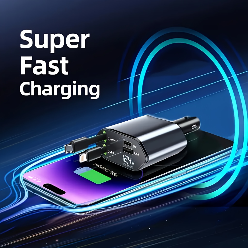 4 in 1 fast charging car charger with digital voltage display 66w retractable lightning and type c charging cables dual output ports for usb and type c compatible with iphone 15 14 max xr x and samsung details 2