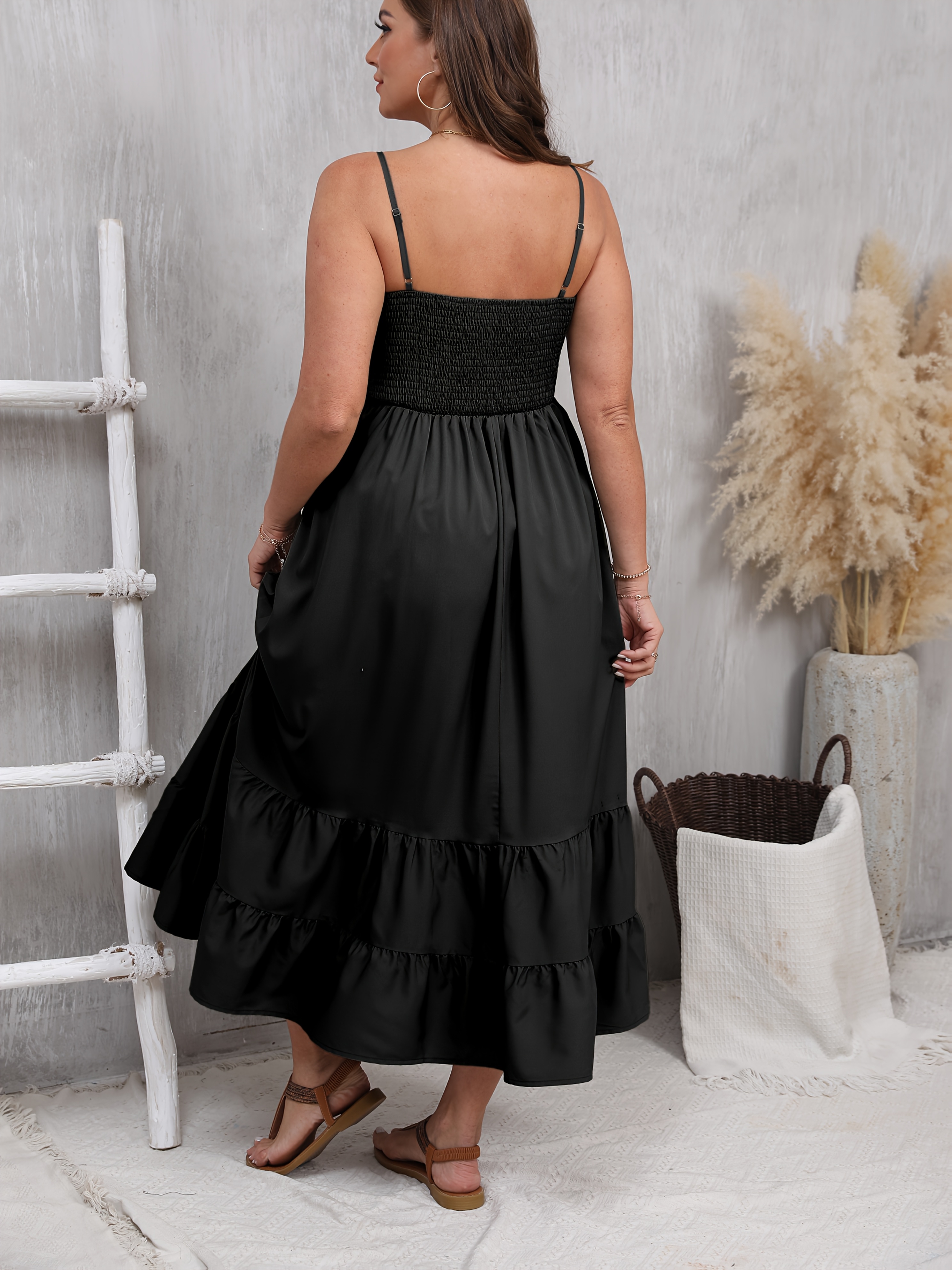 elegant plus size polyester maxi dress shirred spaghetti - Temu Nigeria