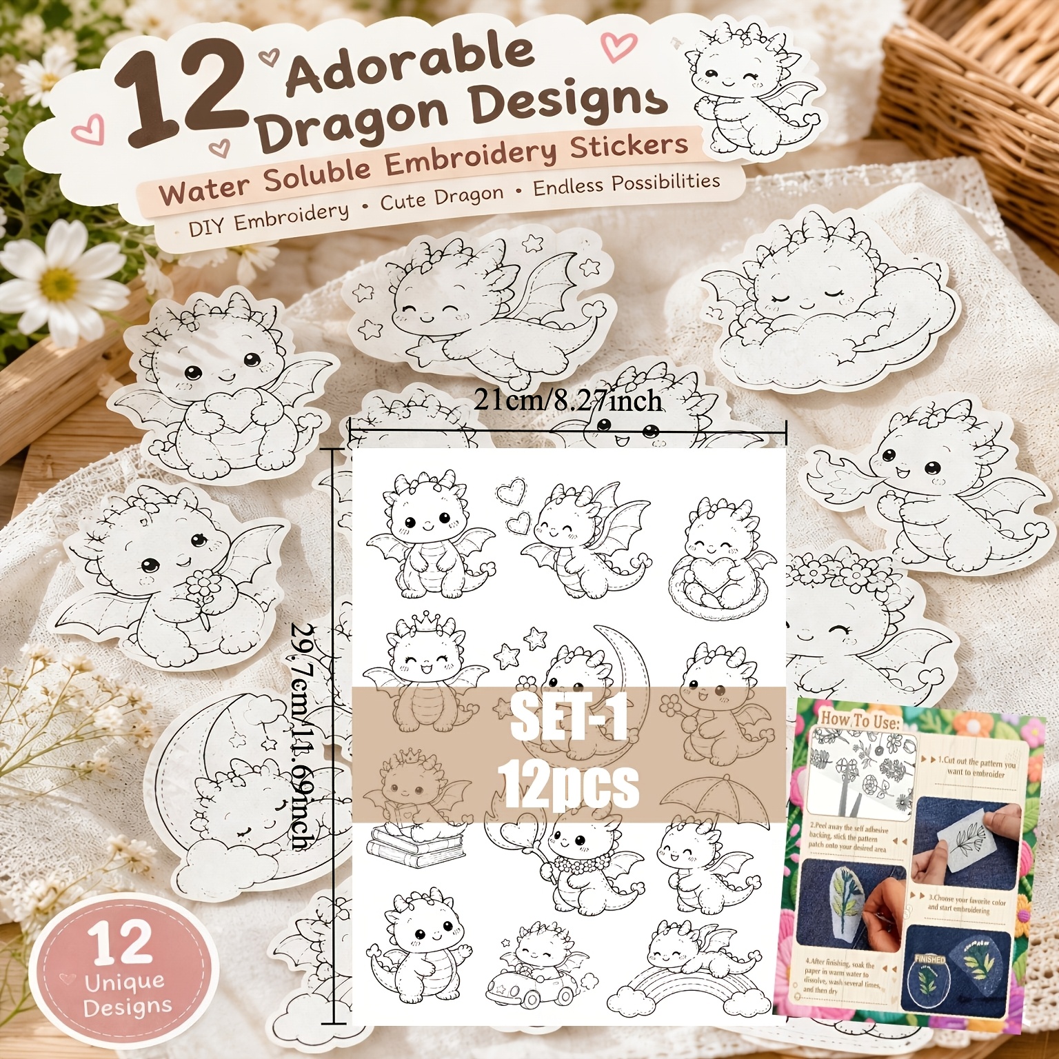 Cute Dinosaur Embroidery Pattern Kit, Water Soluble