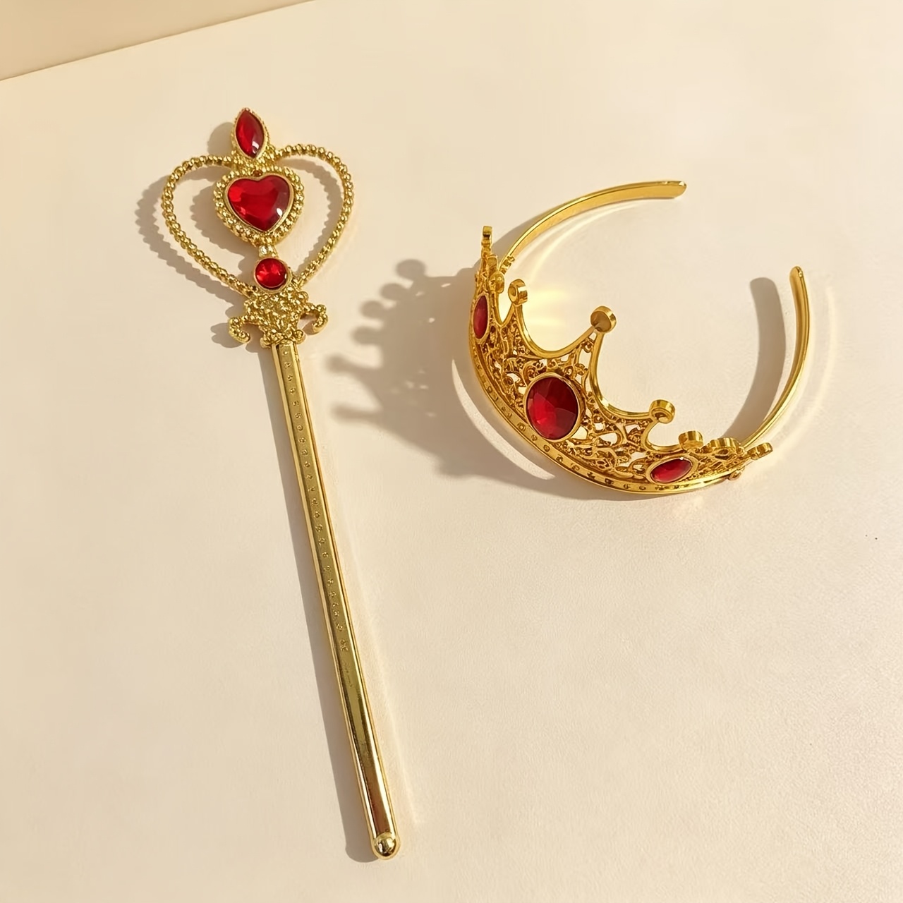 4pcs Golden Gemstone Crown Headband and Heart Magic Wand Set