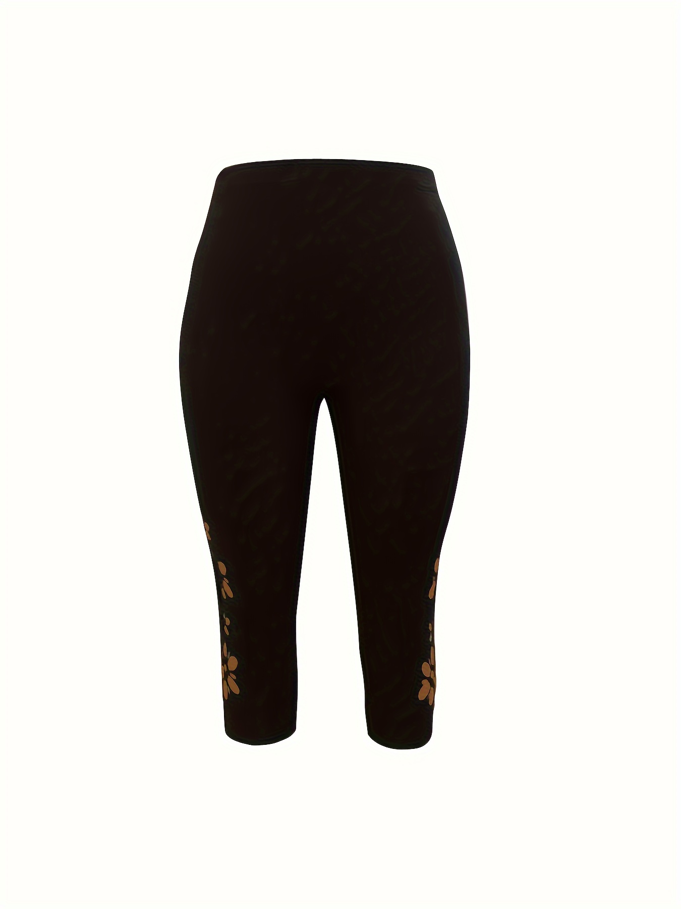 Plus Size Side Floral Print Capri Leggings, Casual High Waist Stretchy Leggings For Spring & Summer, Women's Plus Size Clothing