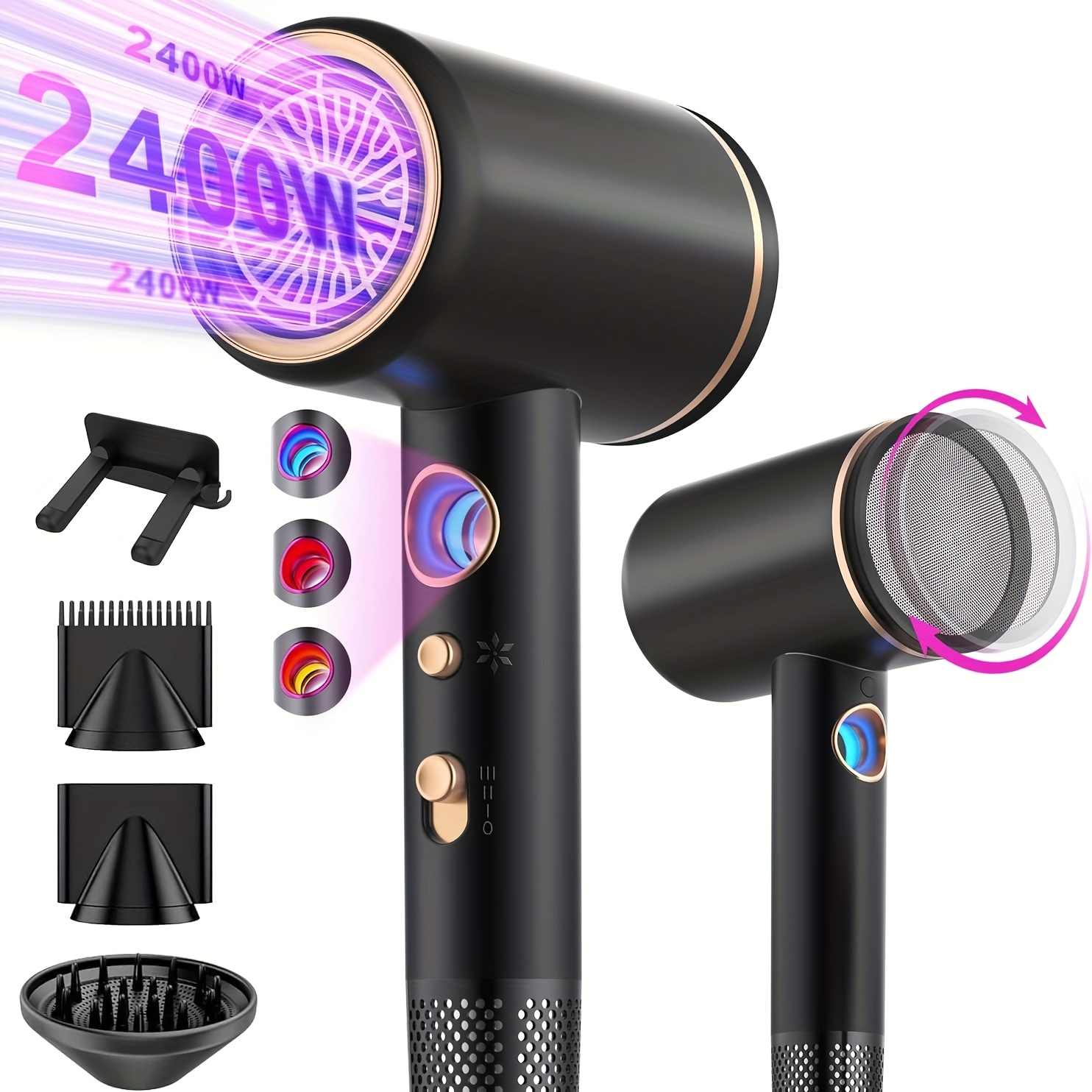 E-shop Haartrockner, Professioneller Ionenhaartrockner mit AC-Motor, 2400 W, Reisehaartrockner Diffusor, Haartrockner 4-in-1, Heiß/Kalt-Taste, 3