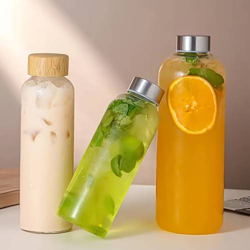1pc borosilicate glass bottle with stainless steel lid and wooden bamboo lid reusable leak proof high temperature for travel storage of drinks juice slush kombucha tea refrigerator