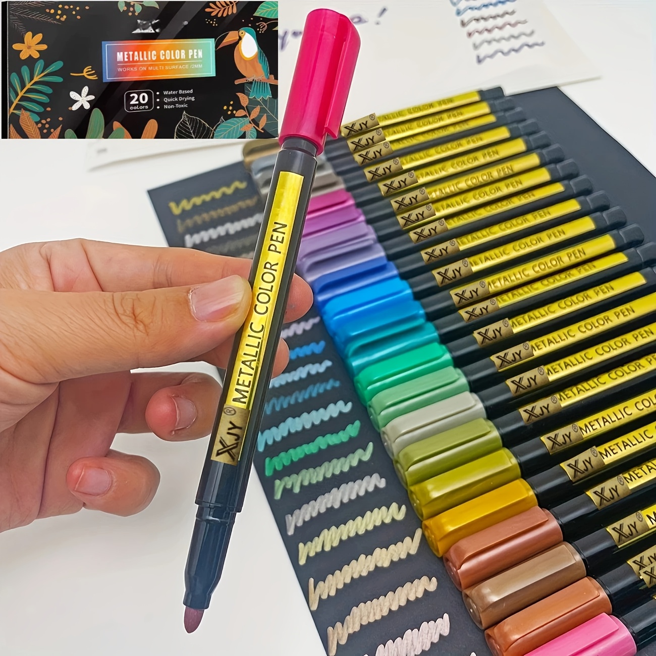 TEMU 20-color Metallic Marker Pens Tip & Watercolor Ink - Suitable For Scrapbooking, Greeting Cards, Diy Crafts, Plastic/ceramic Markers For