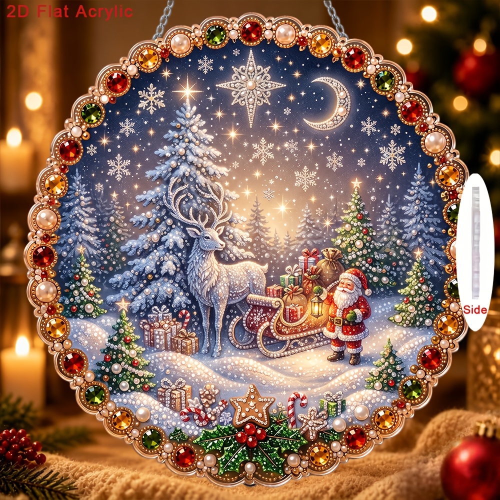 TEMU Kit de pendentif à perles acryliques 2D/à impression plate avec motif cadeau Nuit de neige Cerf Argent Père Noël, comprenant outil de perçage et