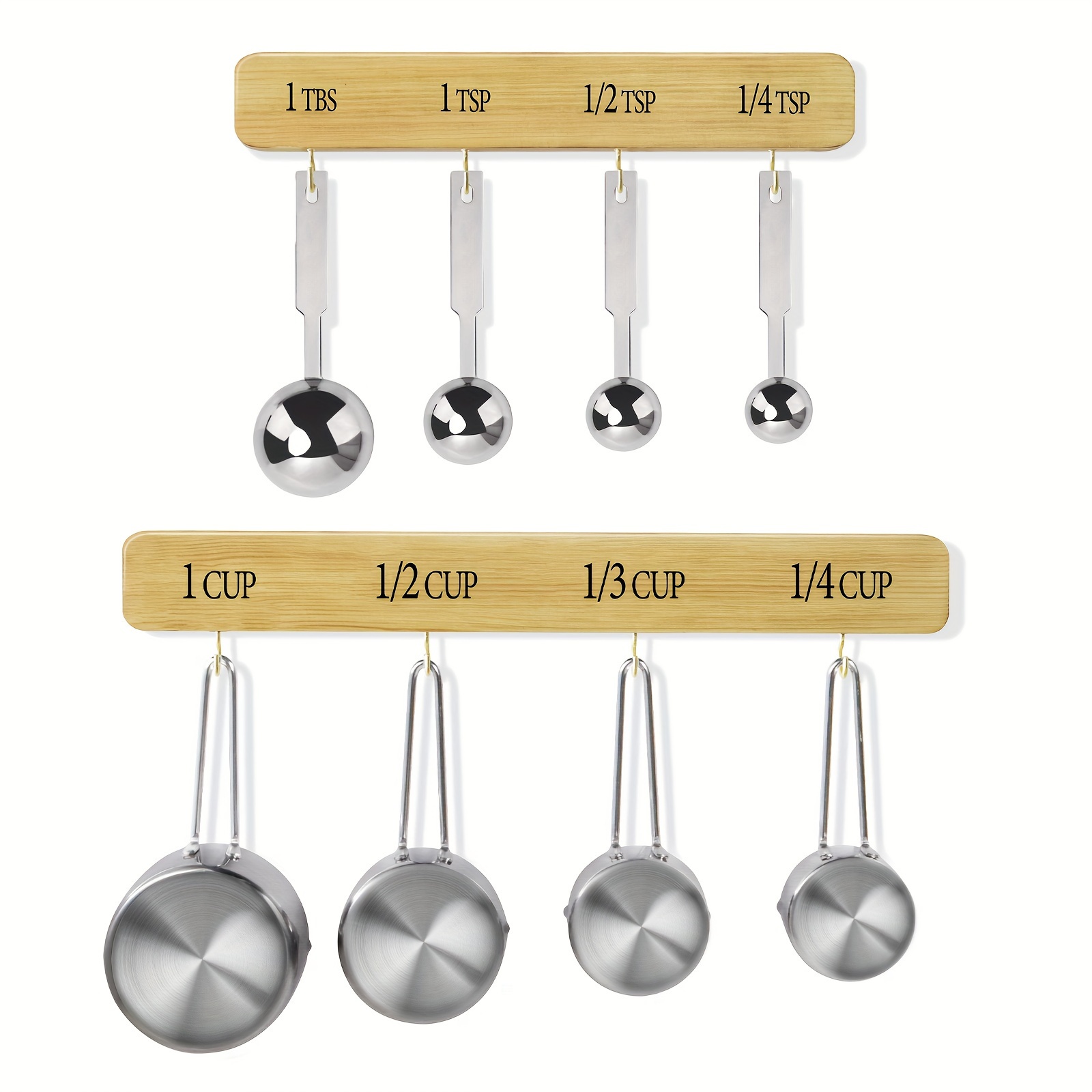 

Measuring Cups And Spoons Set, Pine Wood Hanging Rack Holder Organizer, Kitchen Gadget For Baking, Stainless Steel Measuring Cups And Spoons With Kitchen Measurement Conversion Chart