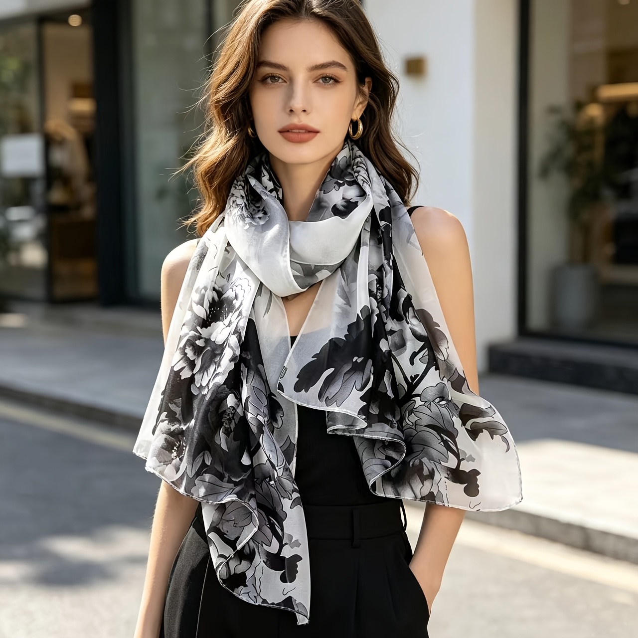 TEMU Spring/summer Lightweight Ink-wash Floral Print Chiffon Scarf, Suitable For Neck Warmth, Ideal For Commuting And Travel, And Beach Parties And