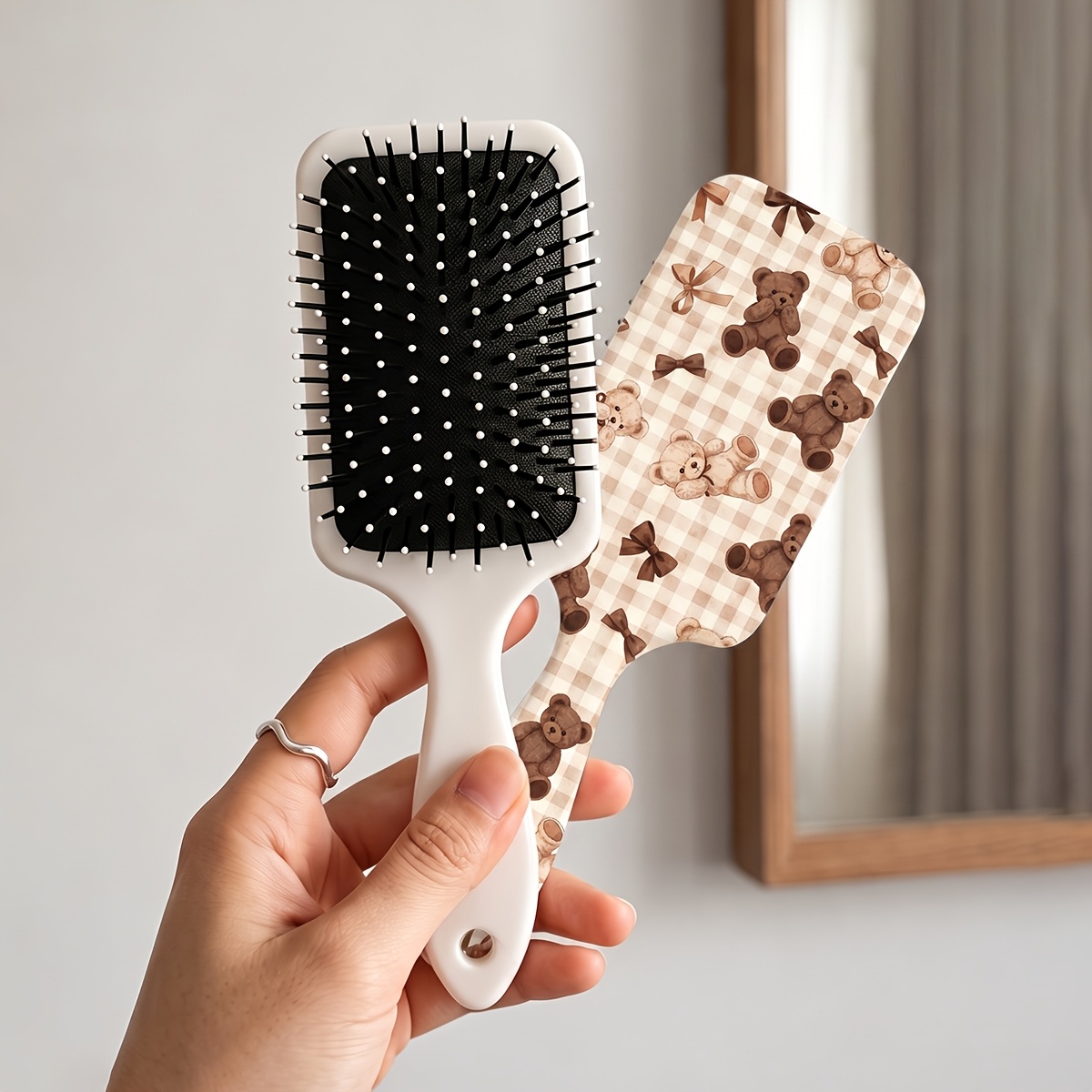 TEMU 1pc Niuugu Air Cushion Scalp Massager Comb Suitable For Women &, Anti-static Hair Brush With Brown Plaid Bear Bow, Plastic Detangling Comb For