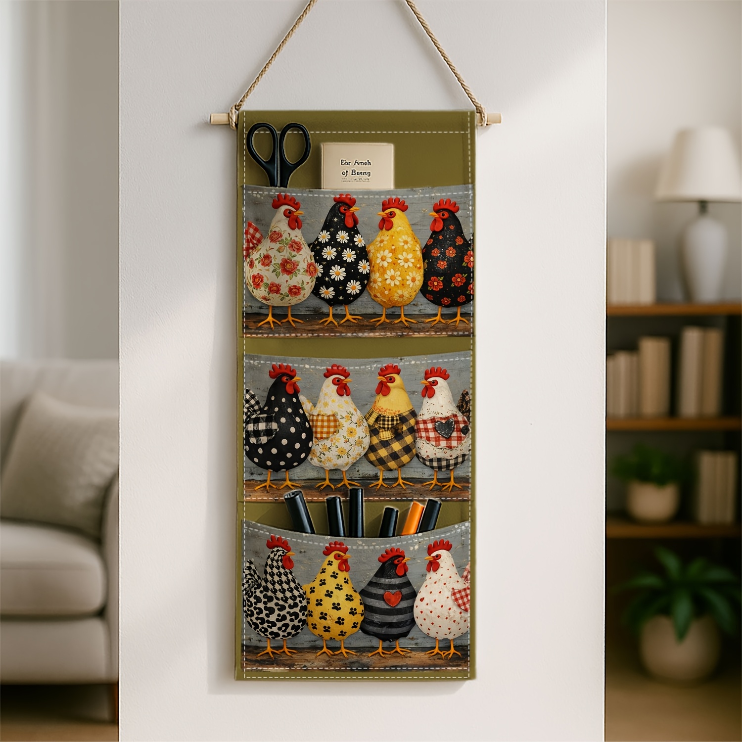 TEMU 1pc, Folk Farm Rustic, Hanging Bag, Chicken Hen Pattern Illustration, Wall-mounted Storage Pouch - For Bedroom, Dorm Room Essentials, Living