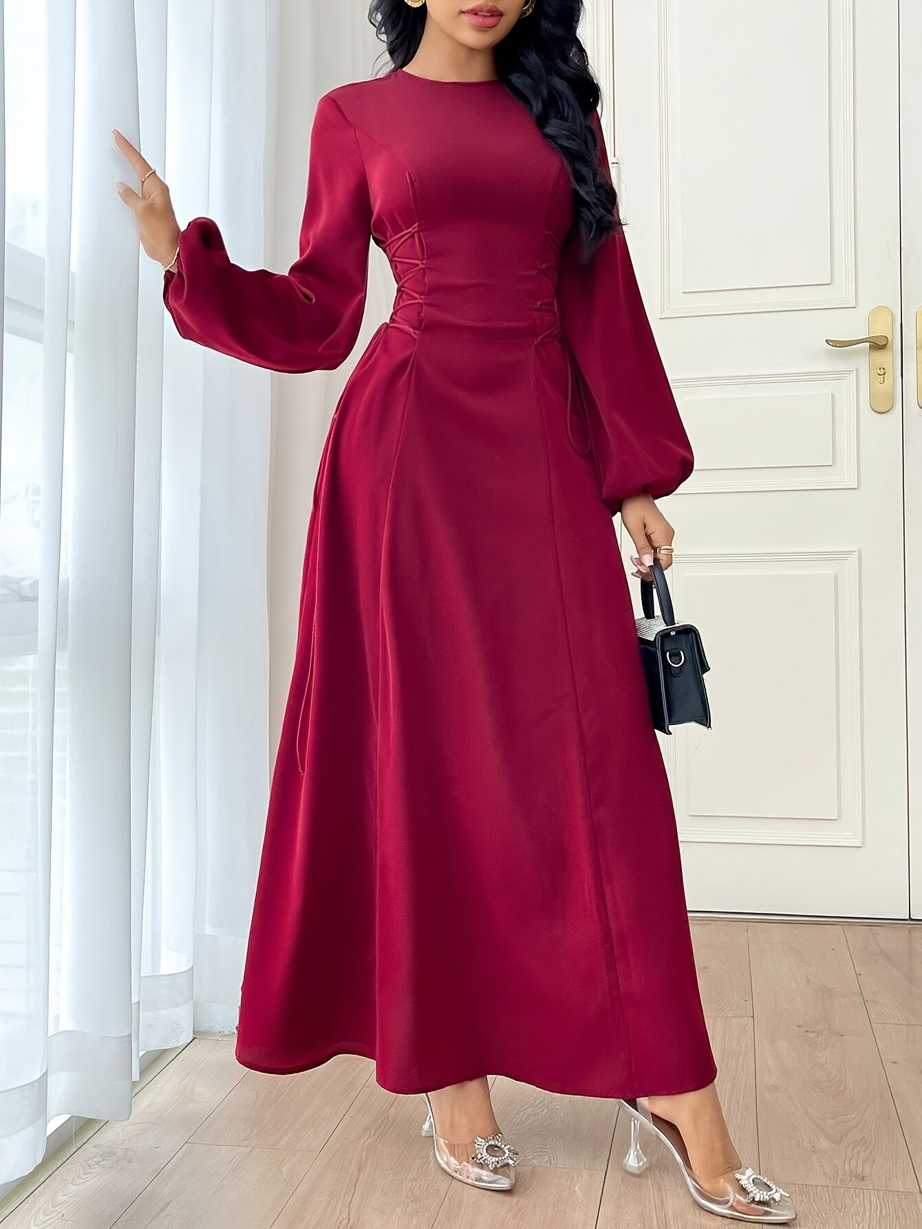princess polly baby blue dress autumn winter burgundy womens solid color simple casual long