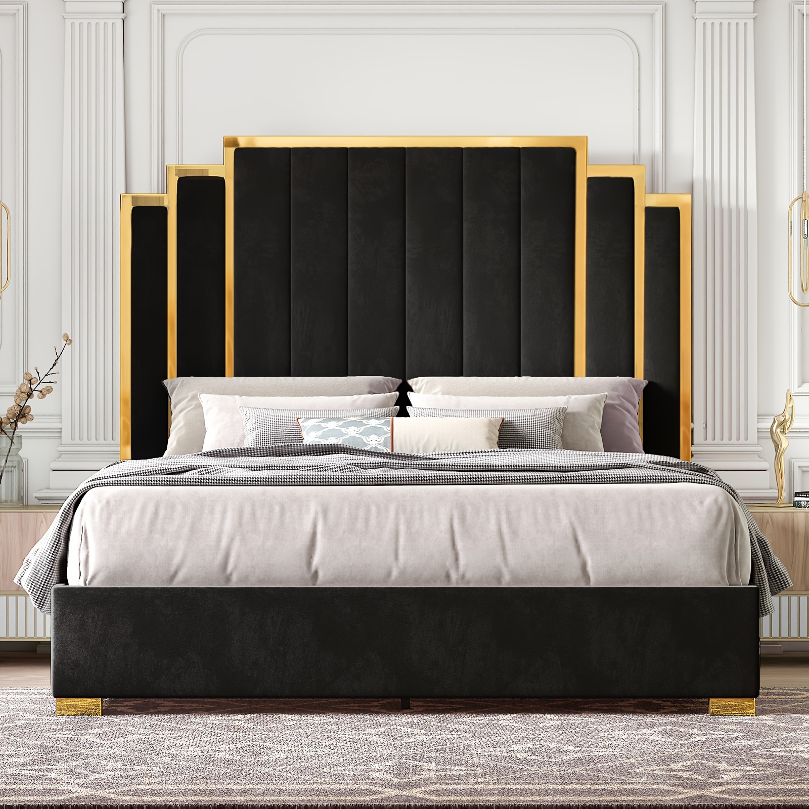 

Platform Bed Frame, 61.4"/65" Velvet Upholstered Bed With Gold Trim Headboard/wooden Slats/no Box Spring Needed