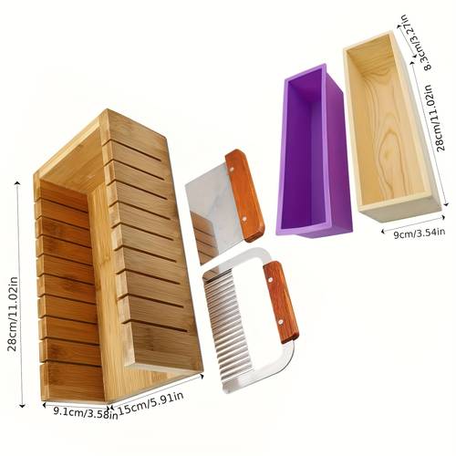 5 parça sabun kalıbı seti, diy el i̇şi için dikdörtgen sabun yapım kalıpları, paslanmaz çelik dalgalı ve düz sabun kesici ile ahşap kesici kalıp