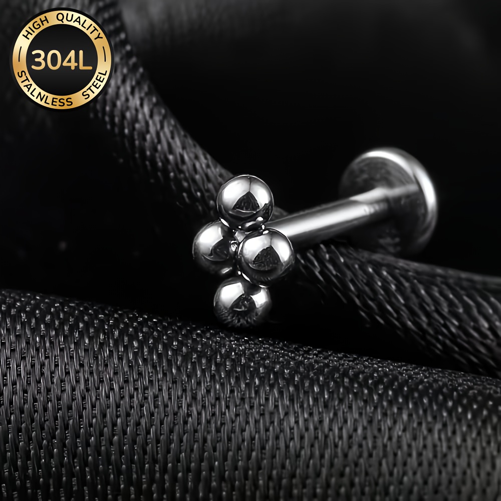 TEMU 1pc Stainless Steel Tiny 4-ball Metal Spiral Threaded Multipurpose Piercing Jewelry For Lip/cartilage/helix/rook/ear Lobe/conch, 16g
