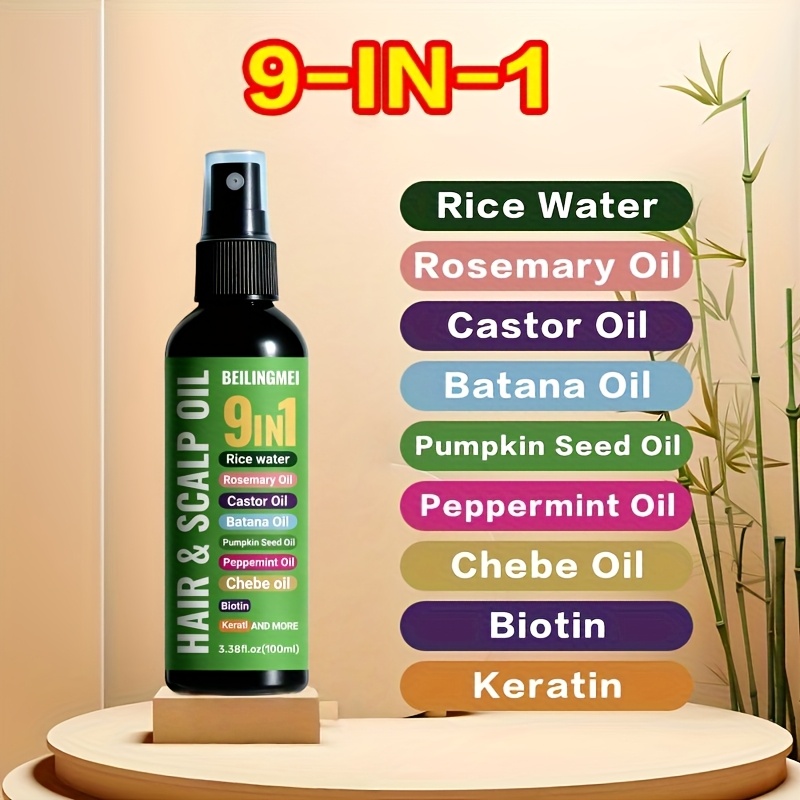 9 in 1 hair oil contains rice water   castor oil babassu oil pumpkin seed oil garlic essential oil   oil biotin and keratin moisturizes and   suitable for all hair types prevents splitting and breakage