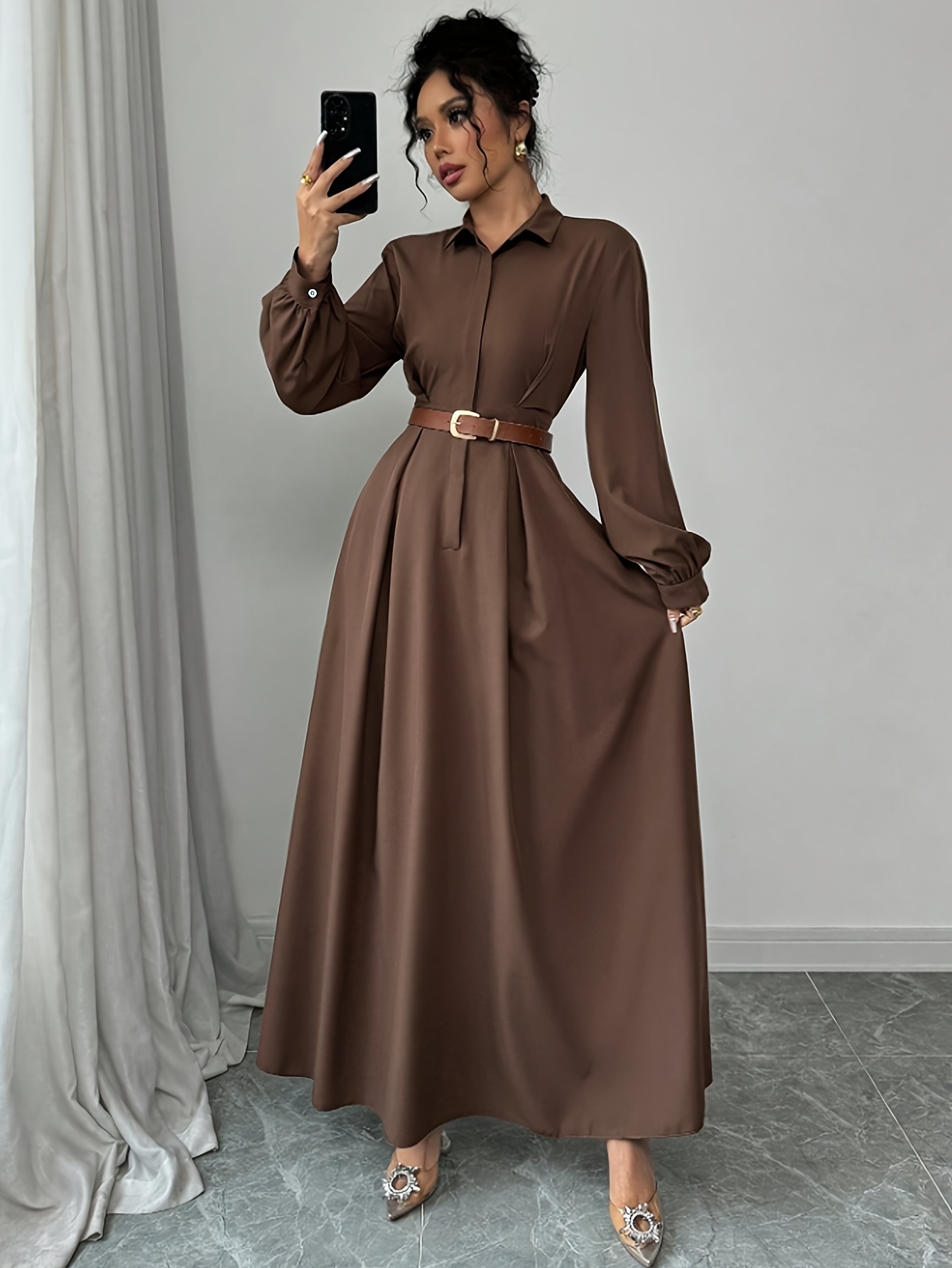 Elegant Shirt Collar Long Dress, Elegant Commuter Style Solid Color Lantern  Sleeve Long Sleeve Dress, Spring Autumn Long Women's Dress Without Belt, ...