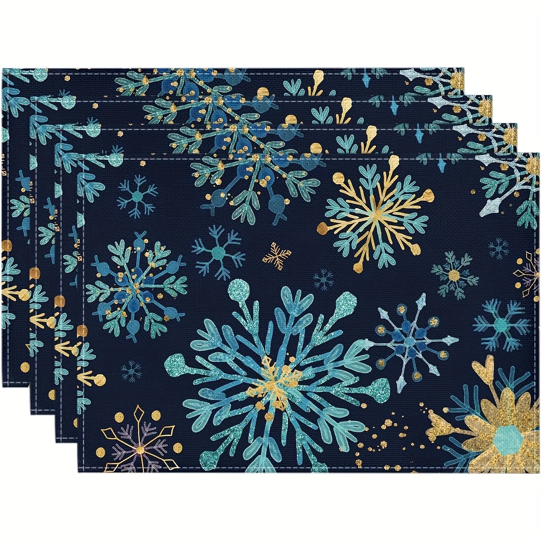 

4-pack Blue Snowflakes Hexagon Placemats, 12x18 Inch Linen Table Mats, Christmas Kitchen Dining Decor, Machine Washable, Rectangular, Woven Cover