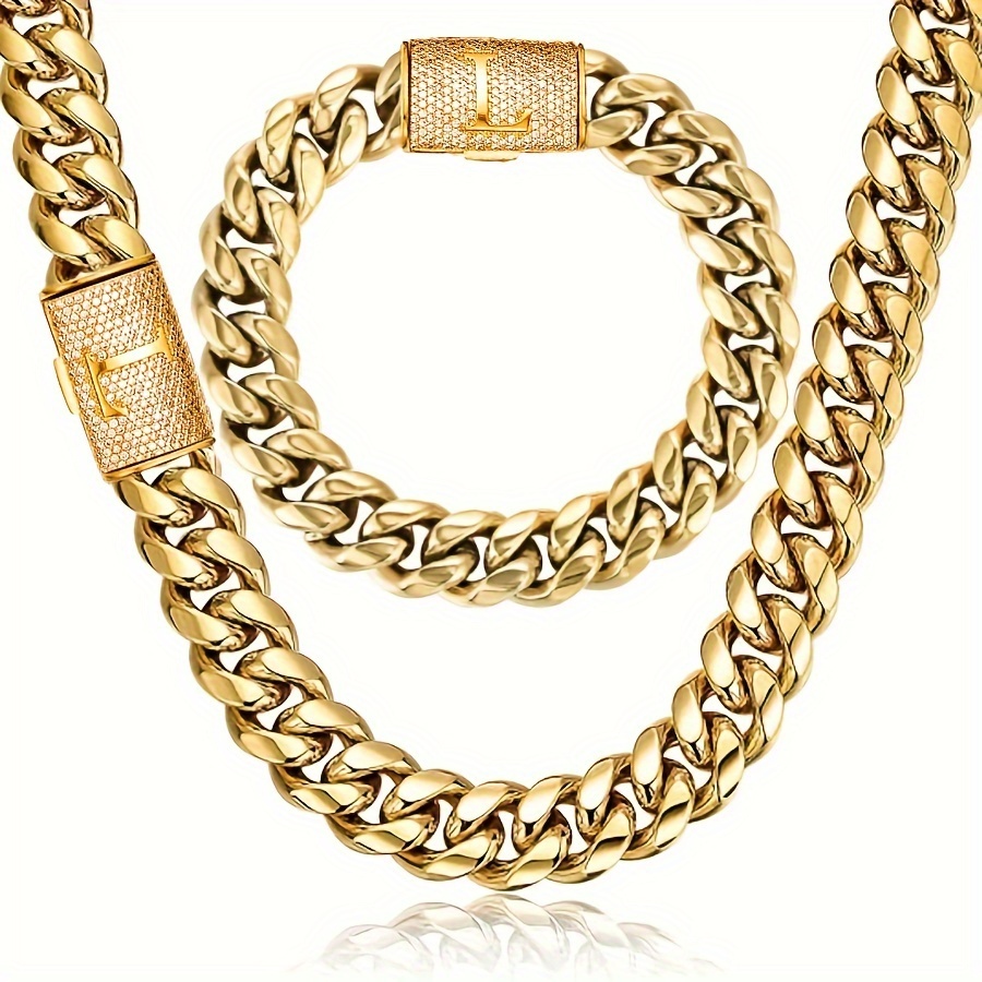 Sale! 2pcs Necklace Bracelet Set Gold Plated Iced Out on sale Cuban Link Chain-12mm