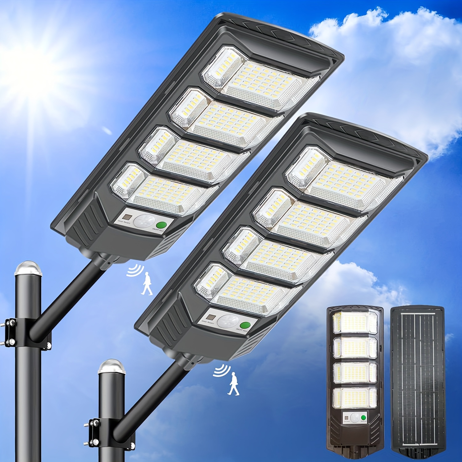 2 pack solar powered dusk to dawn street light wide angle 6500k waterproof security light with motion sensor remote control and semi flush mount for yard porch garden and  