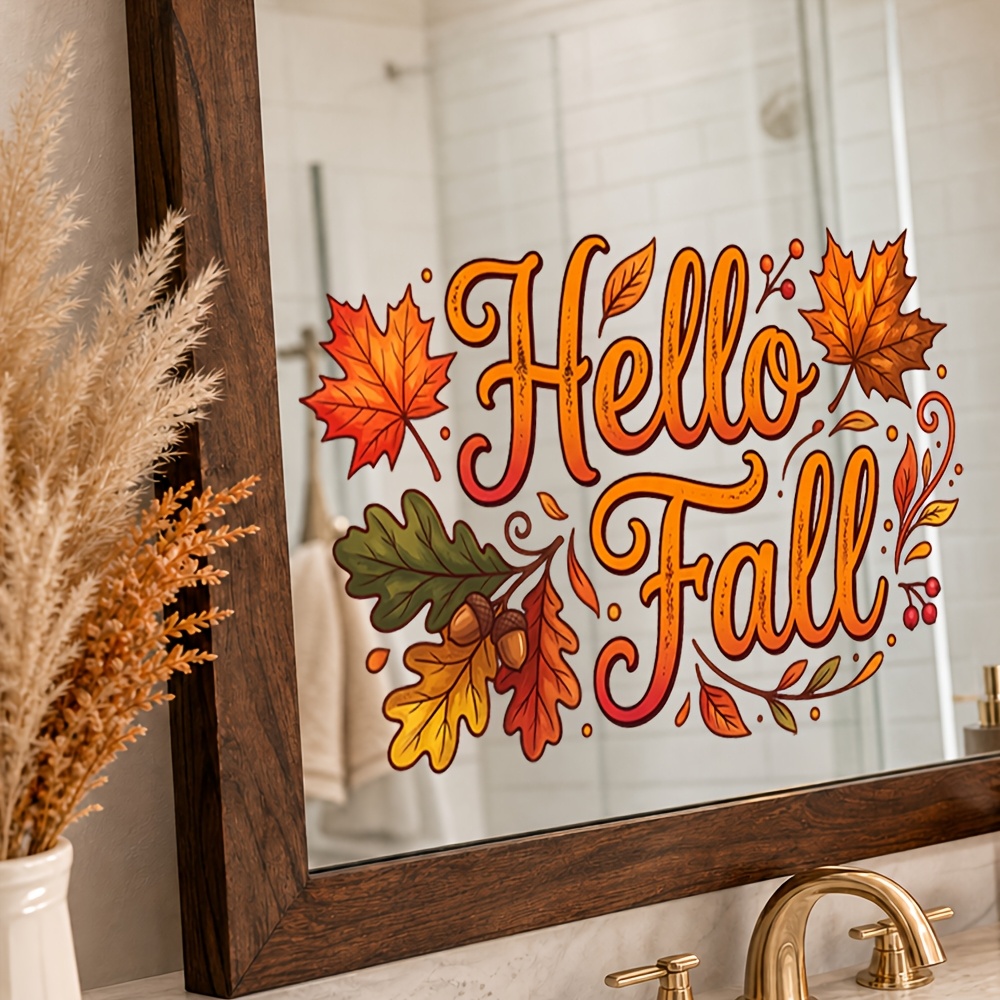 TEMU 1pc "" Autumn Maple Leaf Sticker, American Fall Theme Decorative Sticker, Retro Harvest Decorative Sticker. Decor Sticker, Bathroom Mirror,