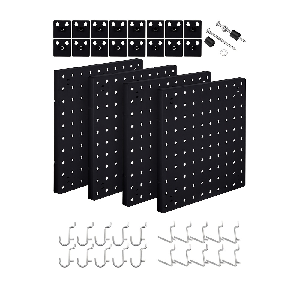 TEMU 4pcs 25x25cm Plastic Pegboard With 20pcs Hooks, 1-inch Hole , Wall-mountable And Nail-mountable, Garage Storage Rack, Garage Wall-mounted