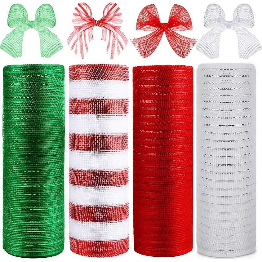 TEMU 4 Rolls Of Metallic Christmas Decorative Mesh Ribbon, Red And White Striped Solid Green Decorative Mesh Roll, Total 40 Yards Of Polyester
