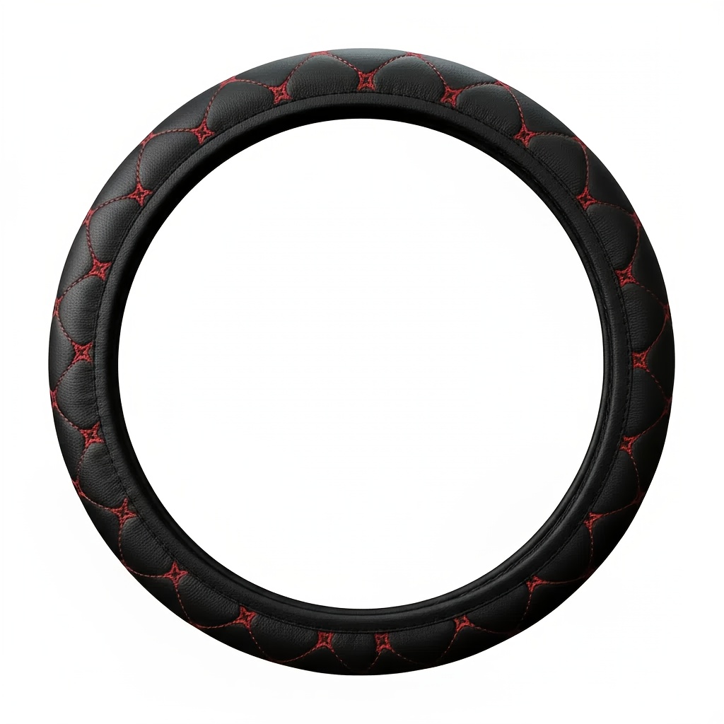 Funda de Volante en Cuero PU, Sin Anillo Interior para Fácil Instalación, Textura Clásica de Estrella de Cuatro Puntas y Rombos, Compatible con Volantes Tipo O y D de 38 cm/15