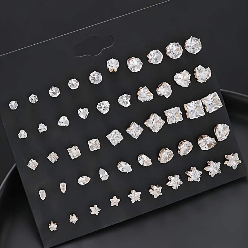 TEMU 50pcs Random Style And Color Cubic Synthetic Zirconia Stud Earring Set, Featuring Stars, Hearts, And Geometric Patterns, Suitable For Sisters,