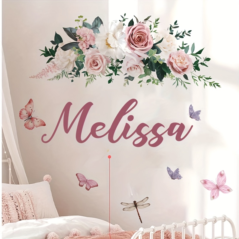 Image of Custom Beautiful Flower Bouquet With And Dragonfly Stickers, Suitable For Decorating Bedrooms, Living Rooms, Studies, And Dining Rooms. Self-adhesive And Removable Pvc Wall Art